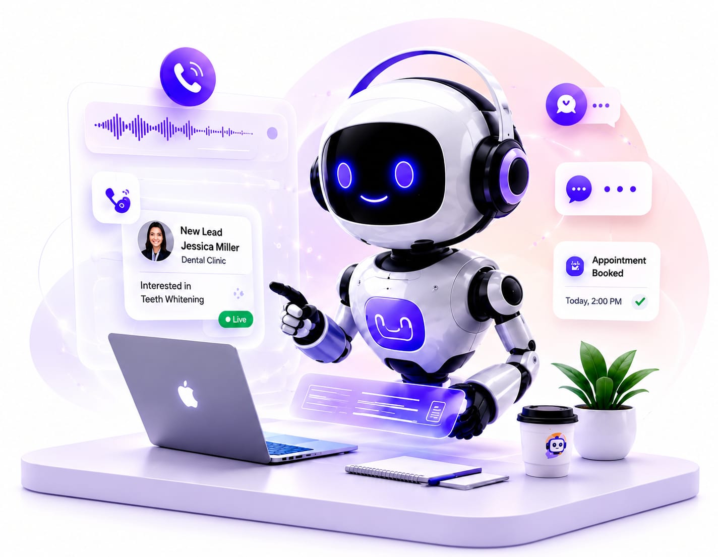 AI robot assistant with laptop and automation dashboard